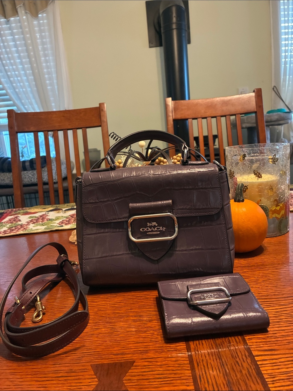 Coach Plum Croc-Embossed Leather Top-Handle Satchel with Wallet